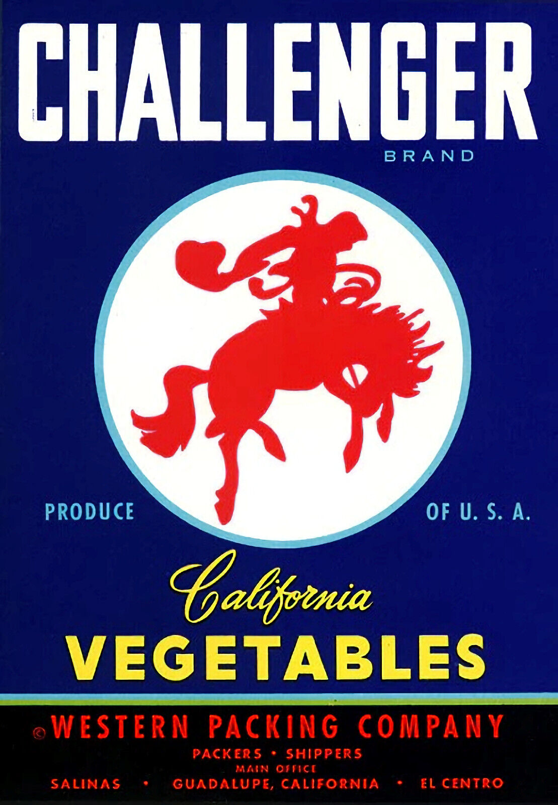 Vintage 1940s Challenger Vegetable Crate Label Guadalupe California Rodeo Cowboy