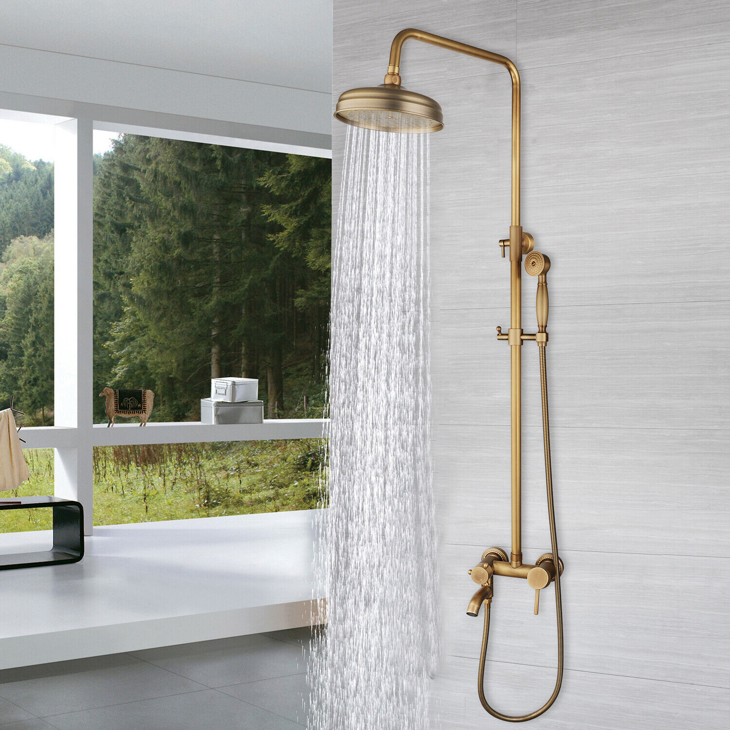 3-Way Antique Brass Bathroom Shower Faucet Set Rain Heads Wall Mounted Mixer Tap