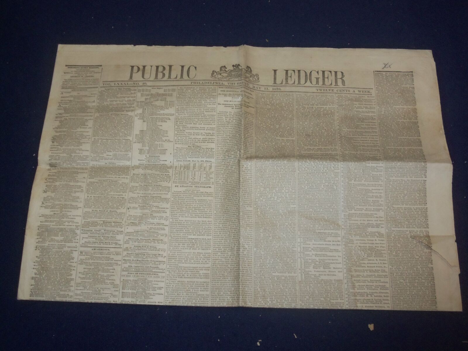 1876 MAY 11 PHILADELPHIA PUBLIC LEDGER NEWSPAPER- CENTENNIAL OPENING DAY-NP 5065