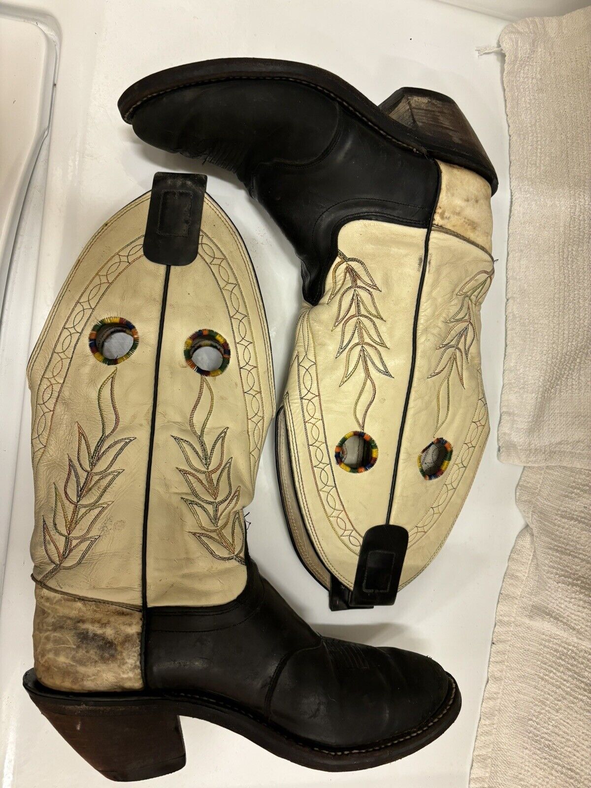 USA Olathe Mens Size 9.5 Beige Black Leather Stockman Cowboy Western Boots