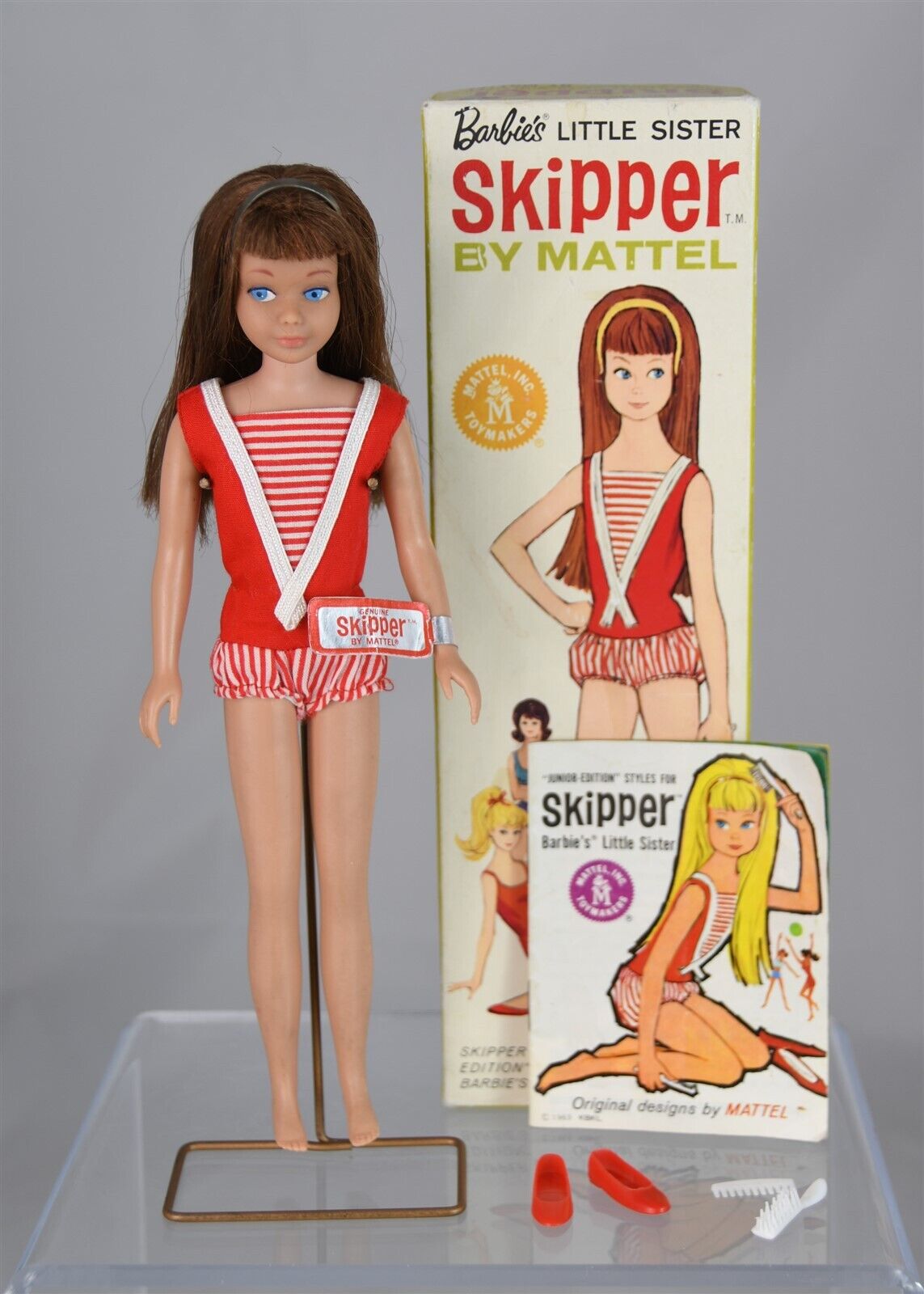 Vintage Brunette Skipper MIB Wrist Tag, Complete, Straight Legs 1964 Barbie
