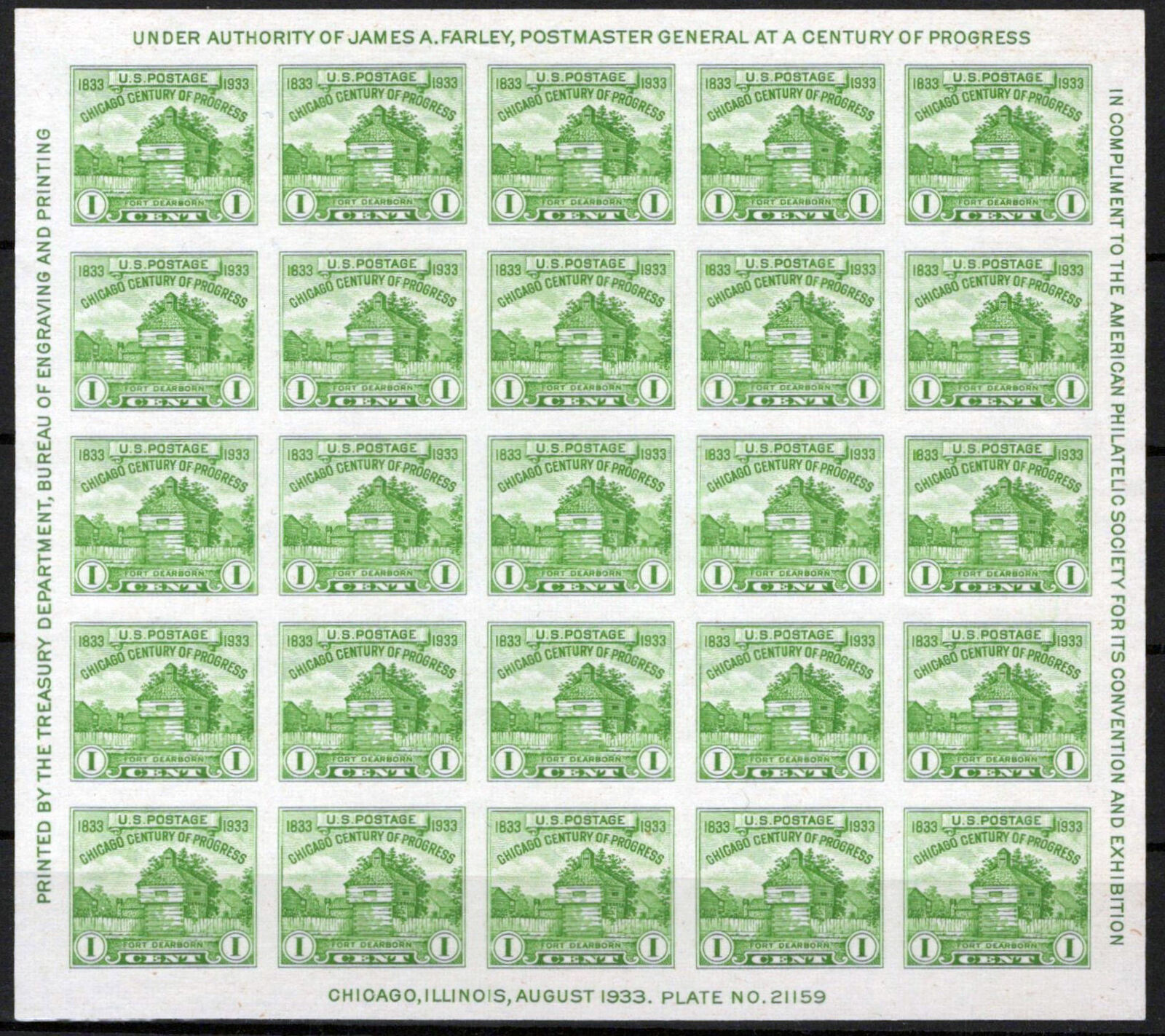ZAYIX US 730 MNH Century of Progress Sheet NG as issued Ft Dearborn 031023SM36M