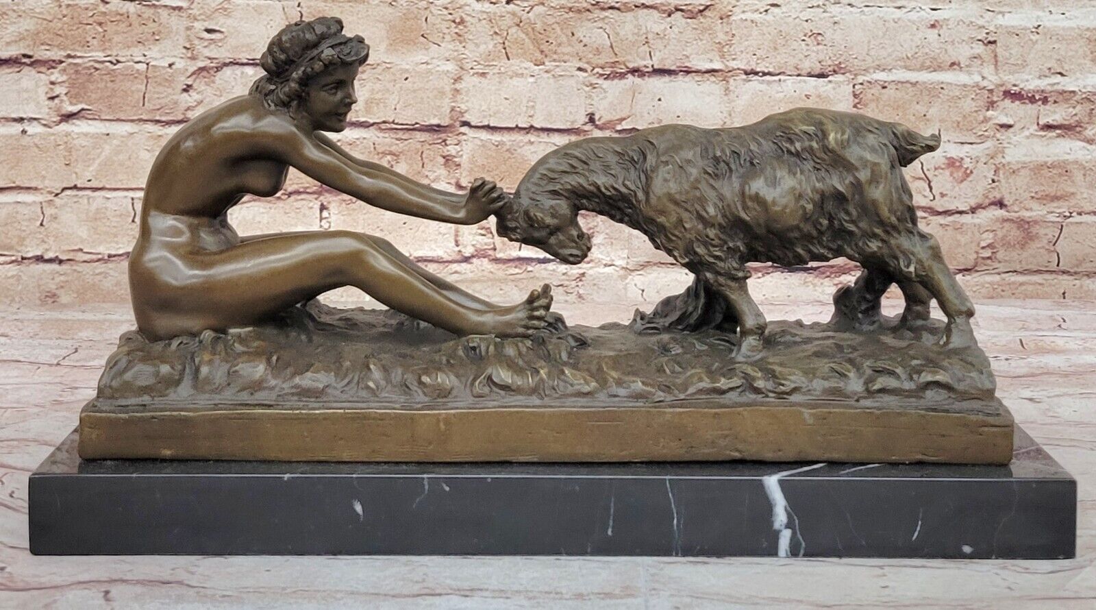 Handcrafted Bronze Sculpture Nude Girl with Goat by Gory Art Nouveau Figure Sale