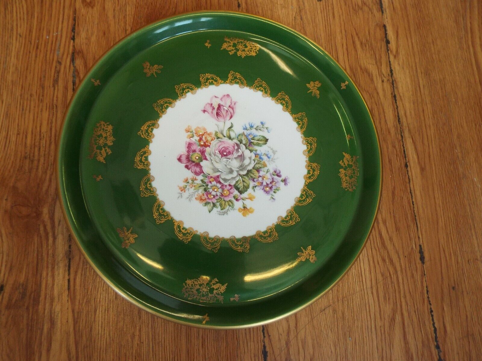 ANTIQUE GREEN FRENCH  SEVRES ROSE FLORAL  GOLD ROUND SERVING TRAY DISH PLATTER