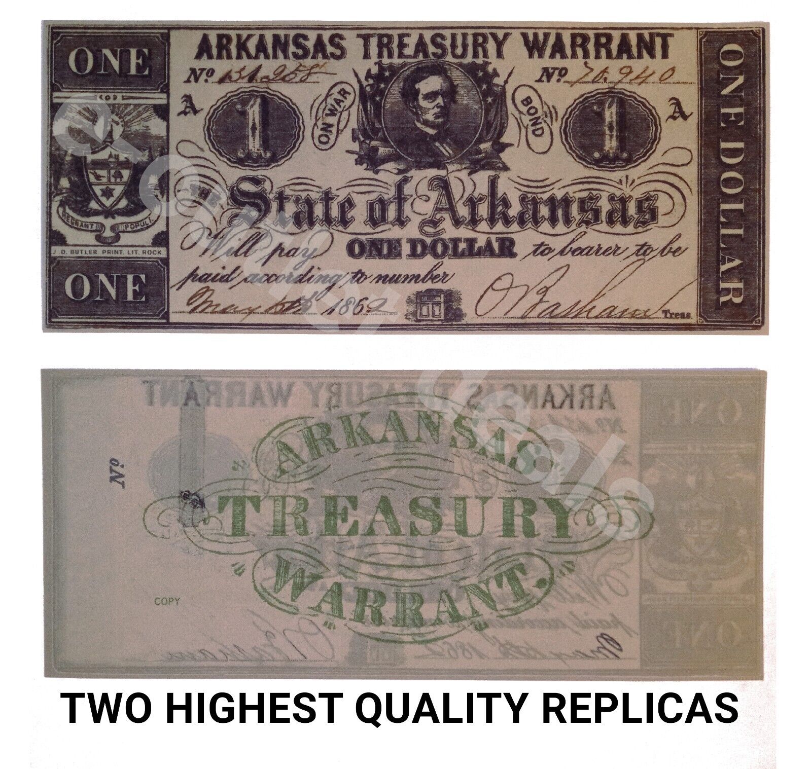$1, 1862, Arkansas Obsolete Currency Treasury Warrant Note Bill,TWO COPIES,RARE