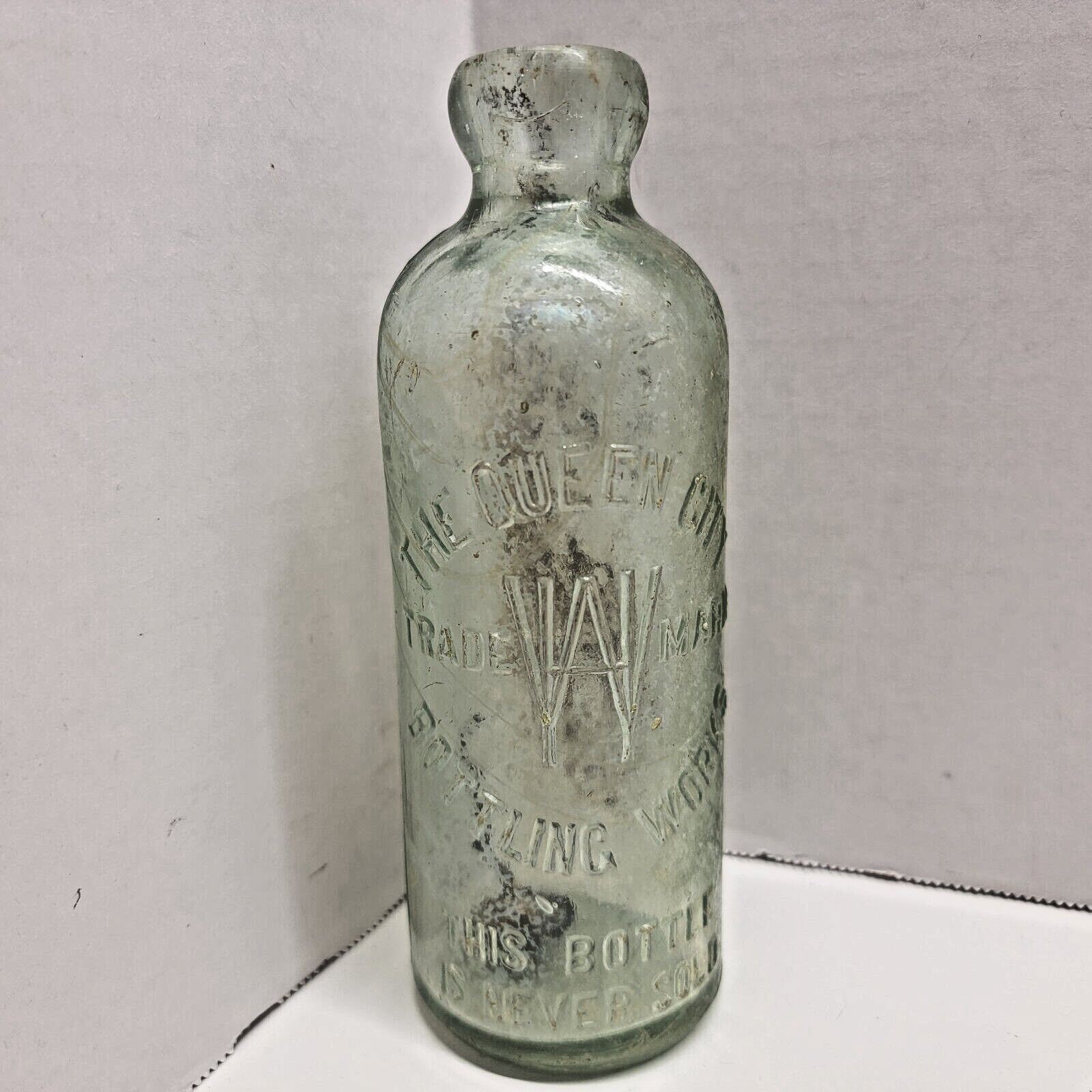 VTG Antique WH The Queen City Bottling Works Cincinnati Aqua Glass Hutch Bottle