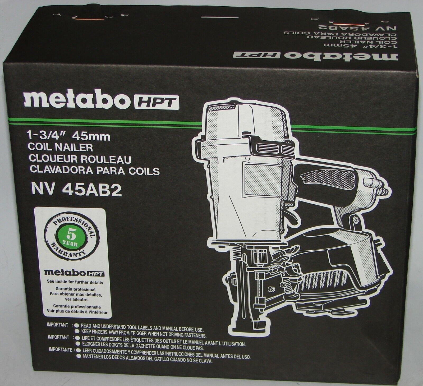 Metabo HPT NV45AB2M Nail Gun uses standard coil roofing nails 7/8 in. to 1-3/4\