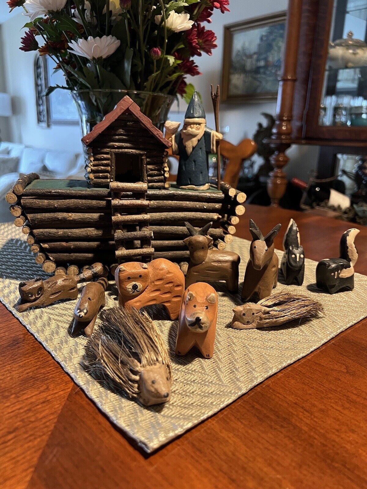 VINTAGE NOAH’S ARK WITH NOAH AND CARVED WOOD ANIMALS