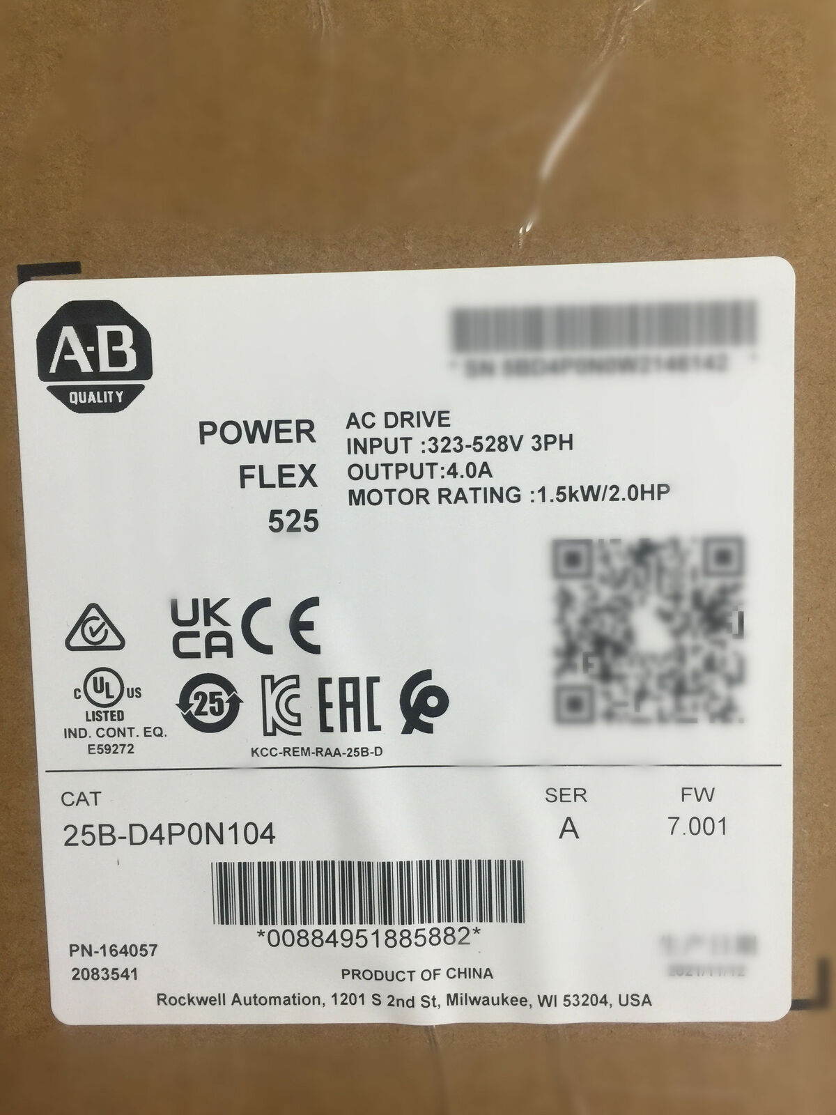 2022 Allen-Bradley PowerFlex 525 1.5kW 2Hp AC Drive AB 25B-D4P0N104
