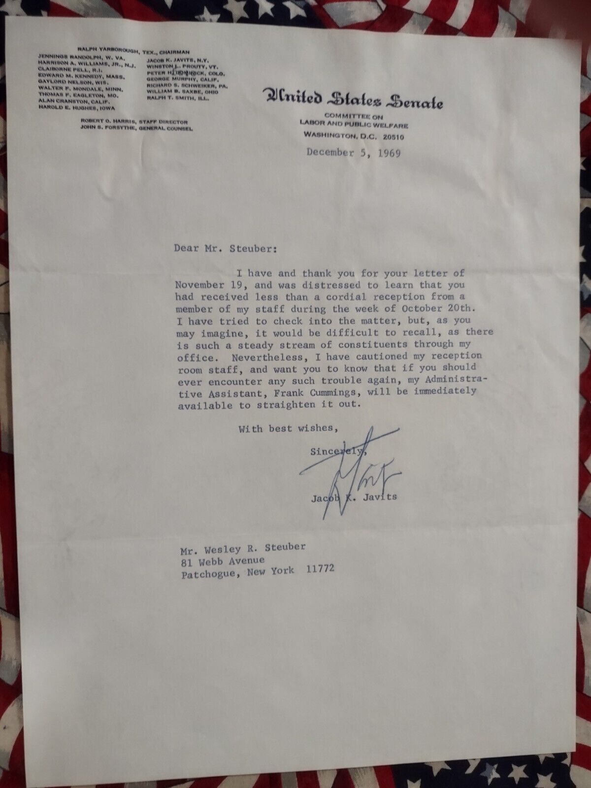 N.Y.  Senator Jacob Javits SIGNED 1969 letter FORMER Attorney General of N.Y.