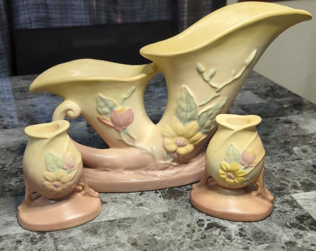 Vtg  Double Cornucopia Hull Vase With 2 Candle Holders Floral Art Pottery G-12