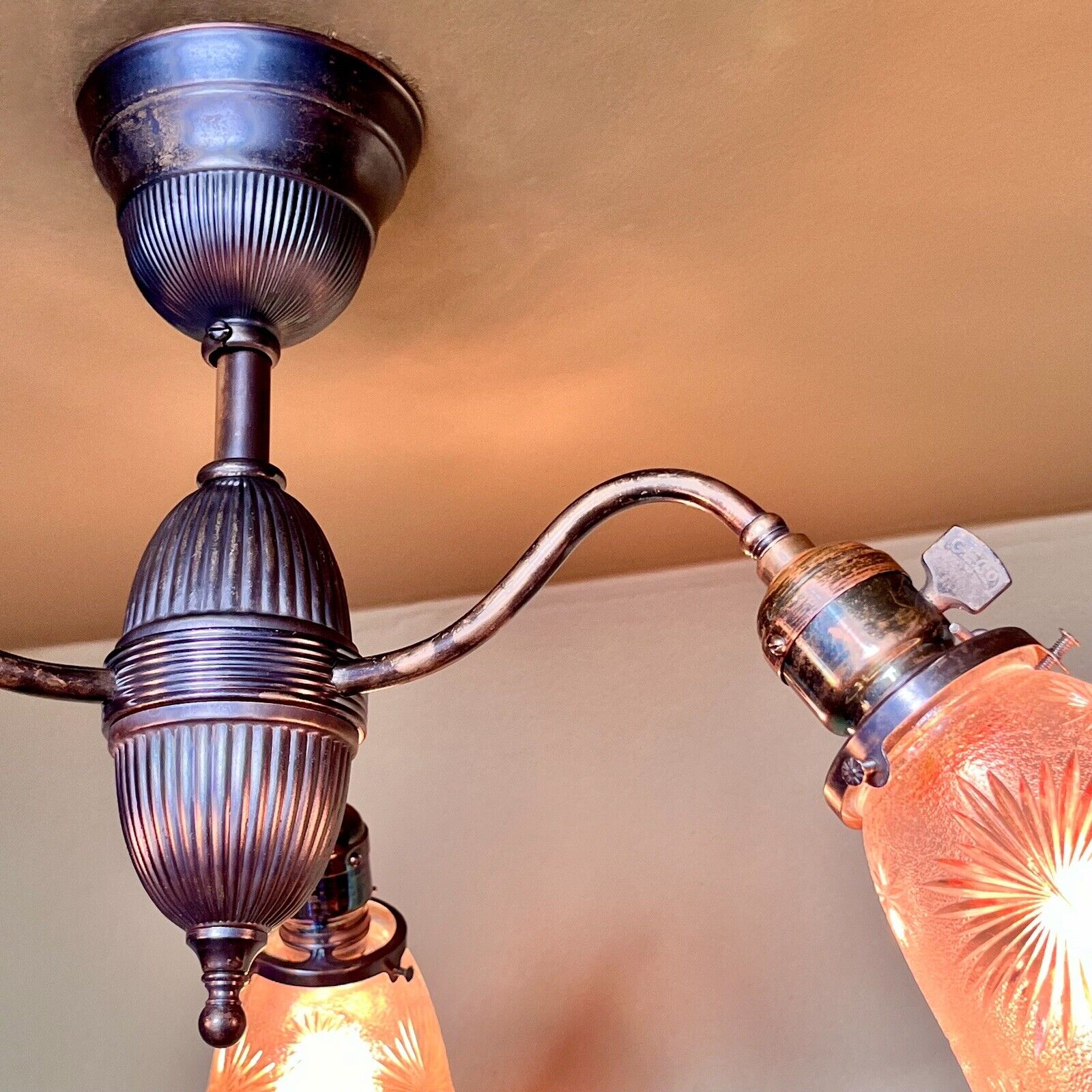 Vintage Lighting PAIR of Early Electric 1900’s 3 Arm Pendants - Restored