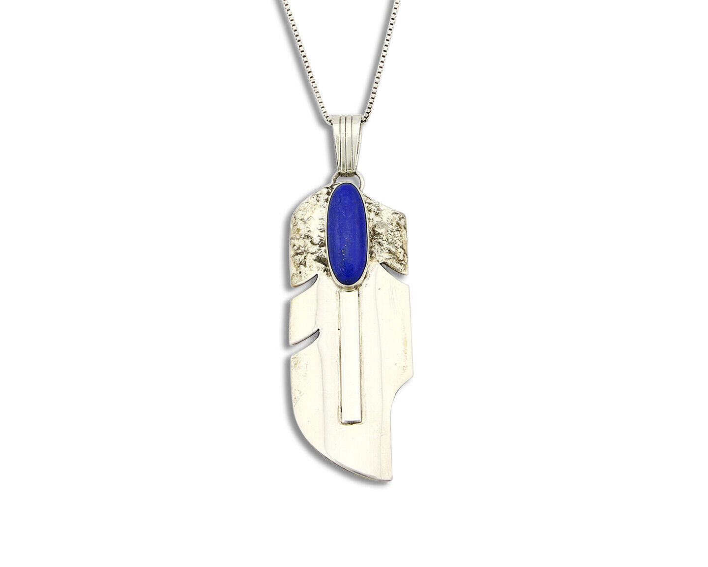 C.1990\'s Navajo Signed William Denetdale .925 Silver Lapis Feather Necklace