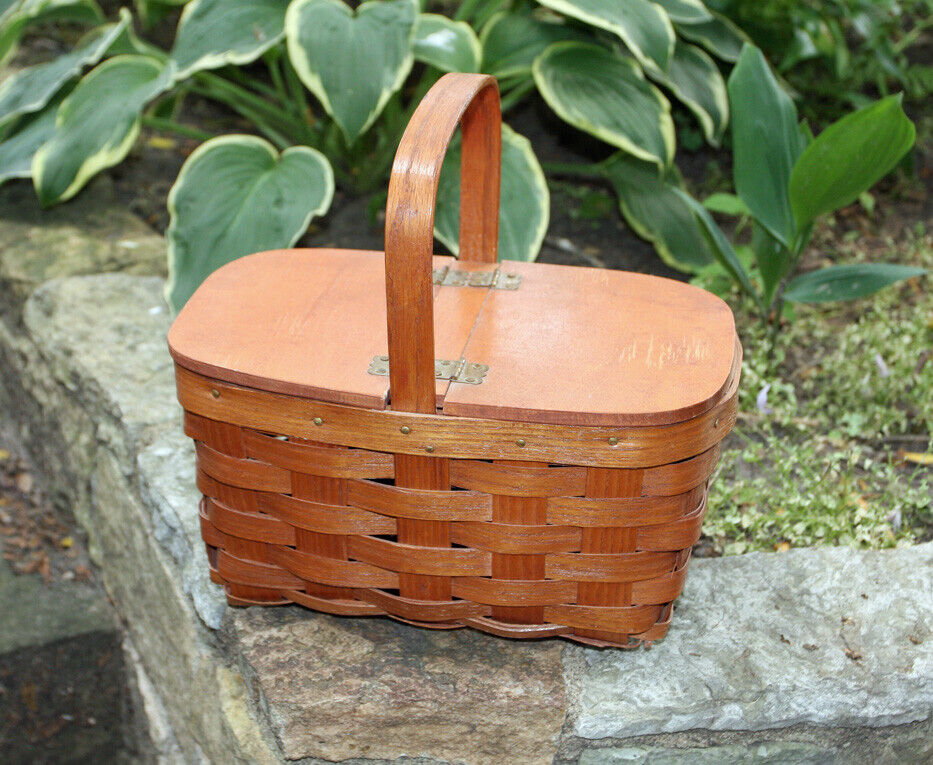 Vtg Small Picnic Basket Wood Handle Double Hinged Lid Country Romance Holiday