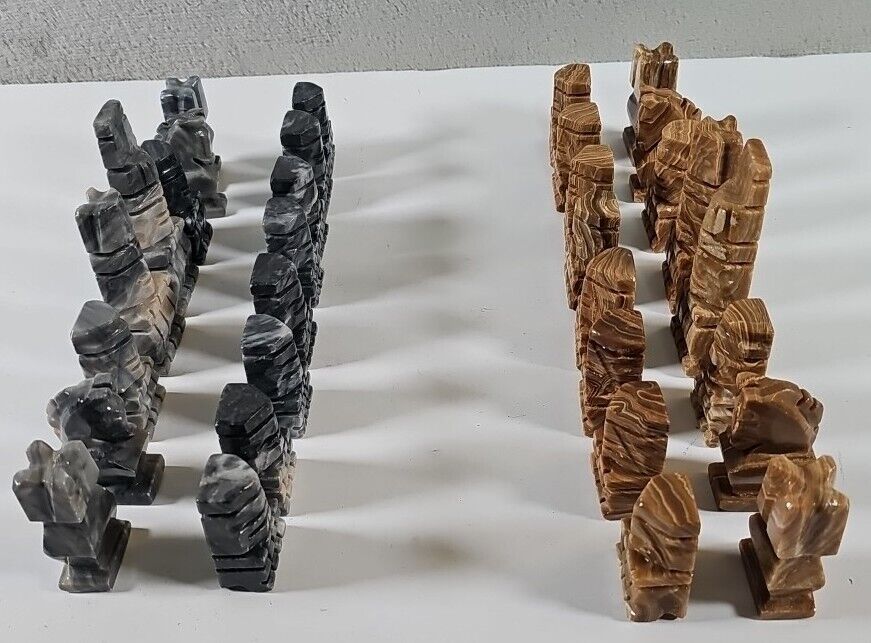Aztec/Mayan Onyx/Marble Stone 32 Vintage Chess Pieces Gray Tan