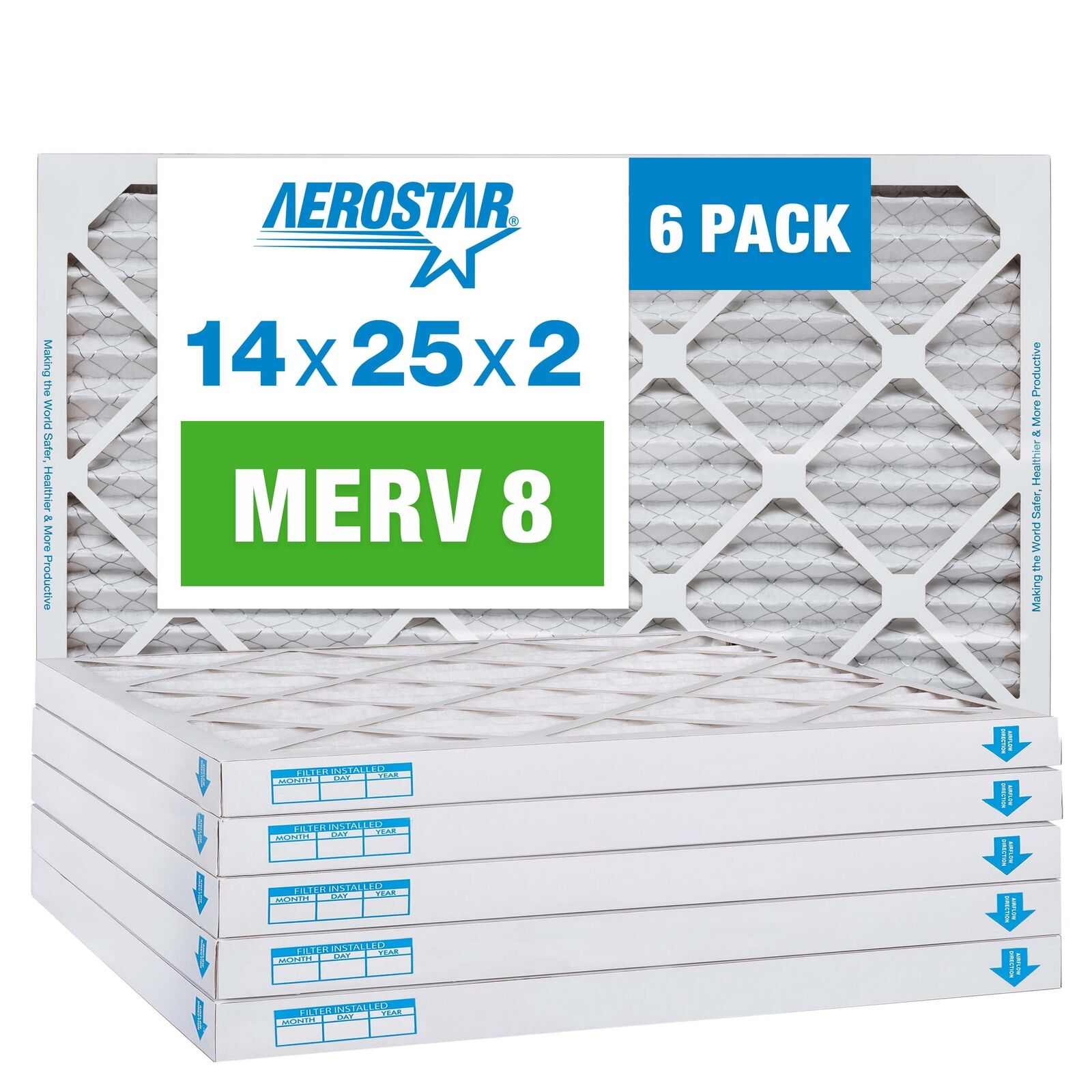 Aerostar 14x25x2 MERV 8 Air Filter, 6 Pack (13 1/2\