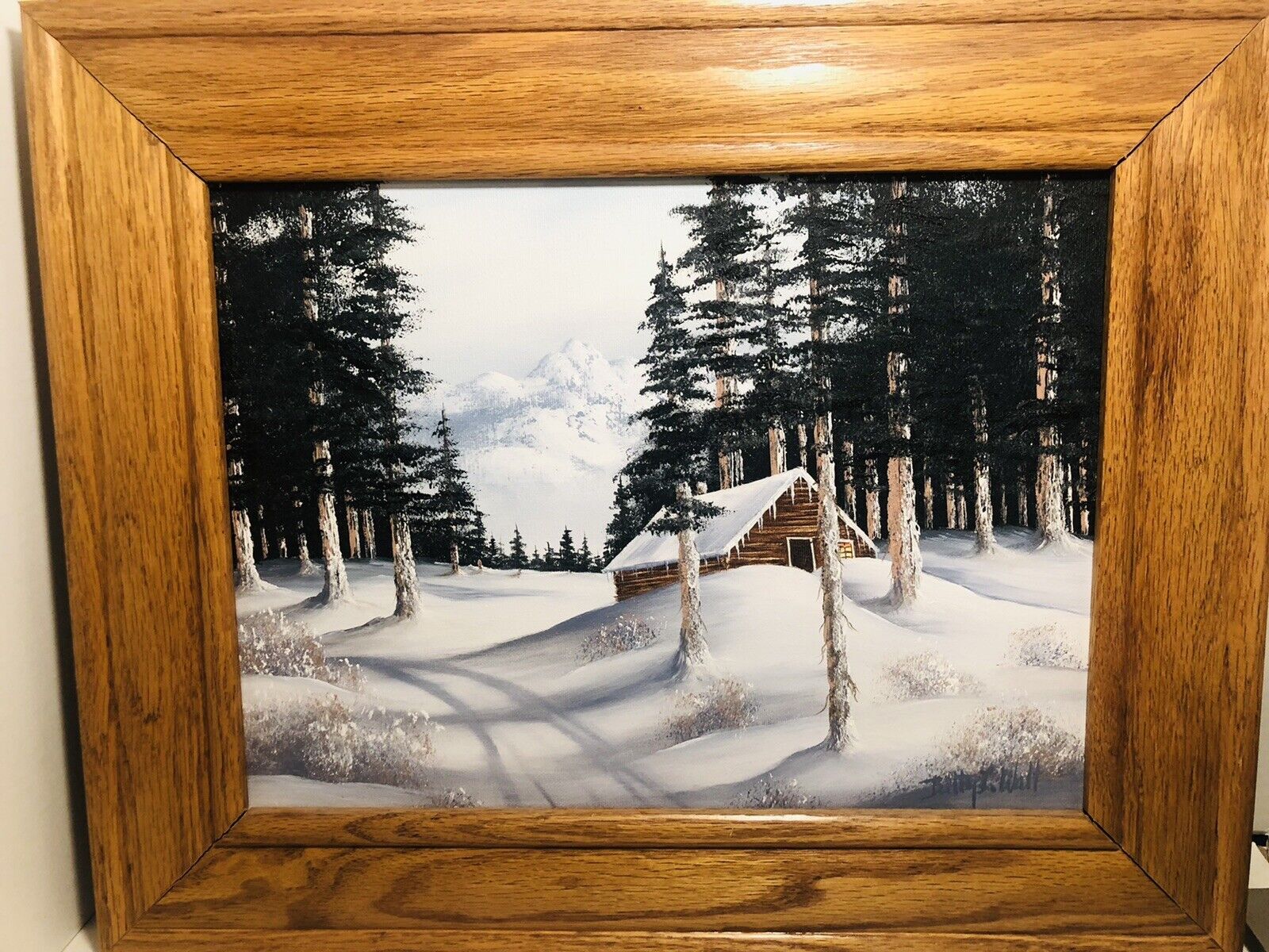 Beautiful stunning original oil painting, winter log cabin scenery  Betty Walt