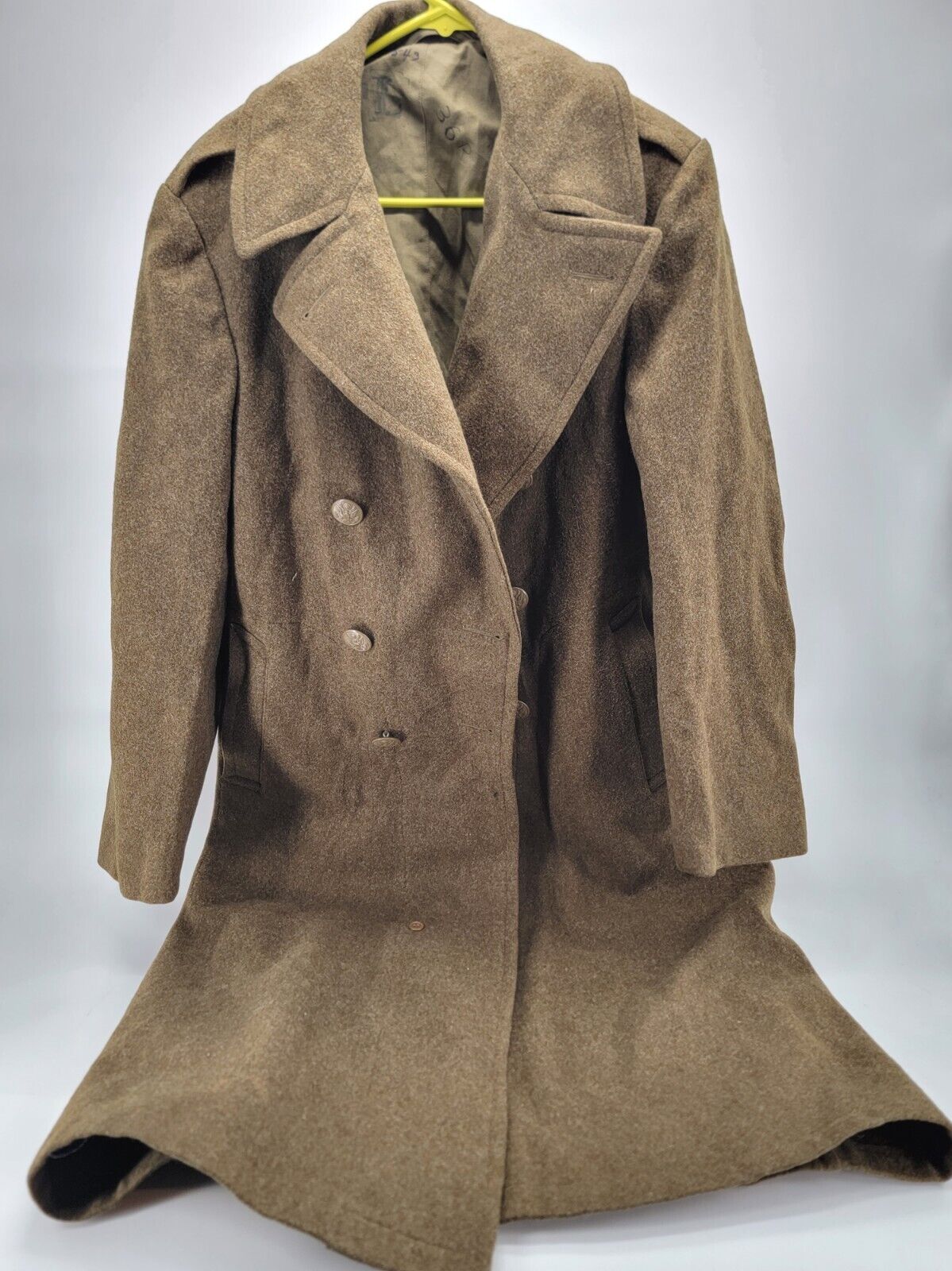 WW2 US Army Green Wool Military Trench Coat Vintage 1940 Mens Long Overcoat 36R