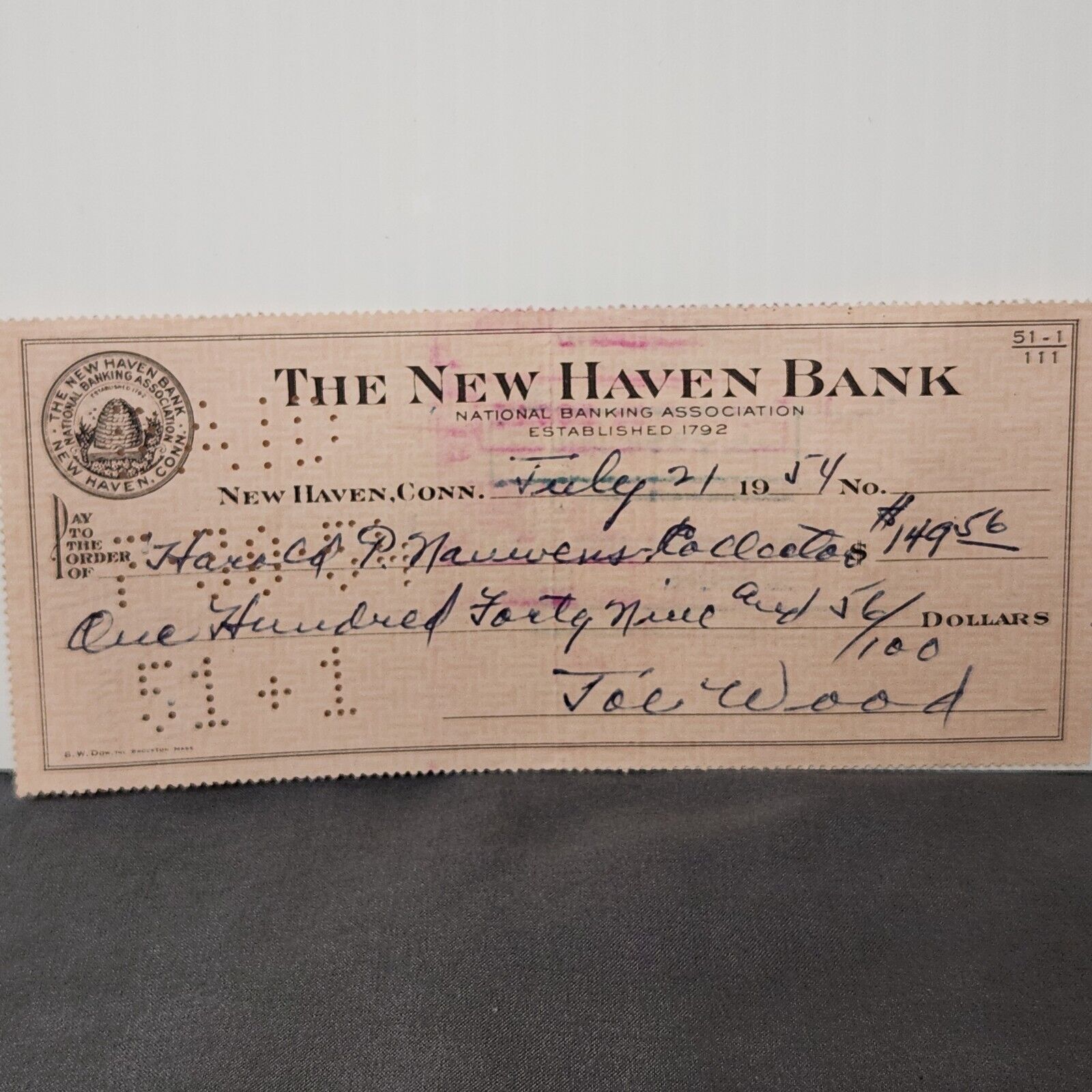 Vintage 1954 Mlb Red Sox Smokey Joe Wood The New Haven Bank Signed Check
