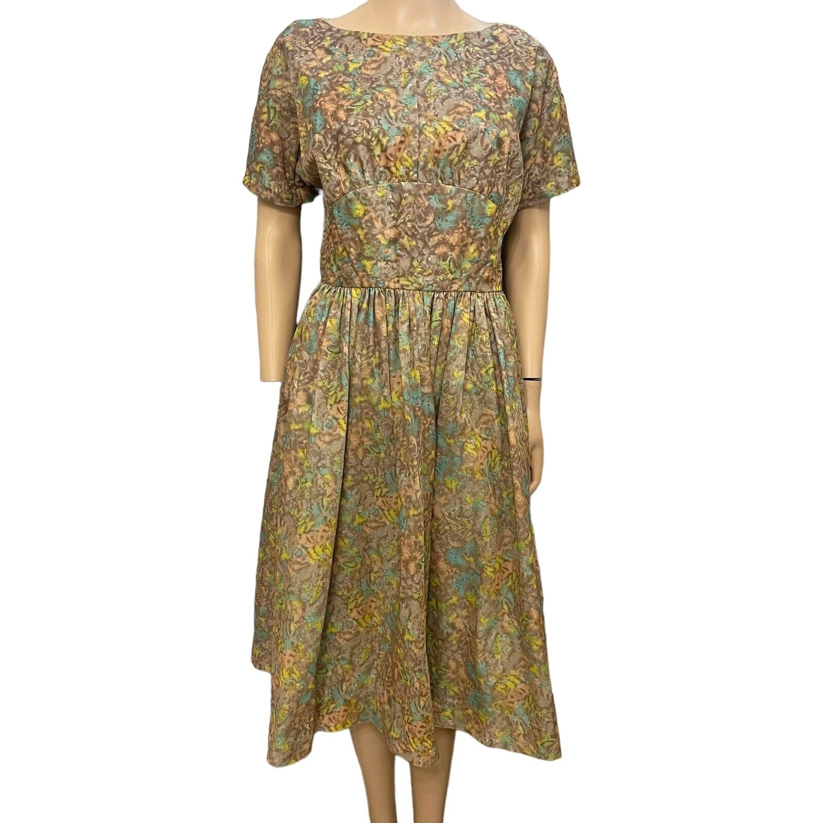 Vintage 50s Housewife Dress Fit And Flare Midi Watercolor Print Handmade Medium