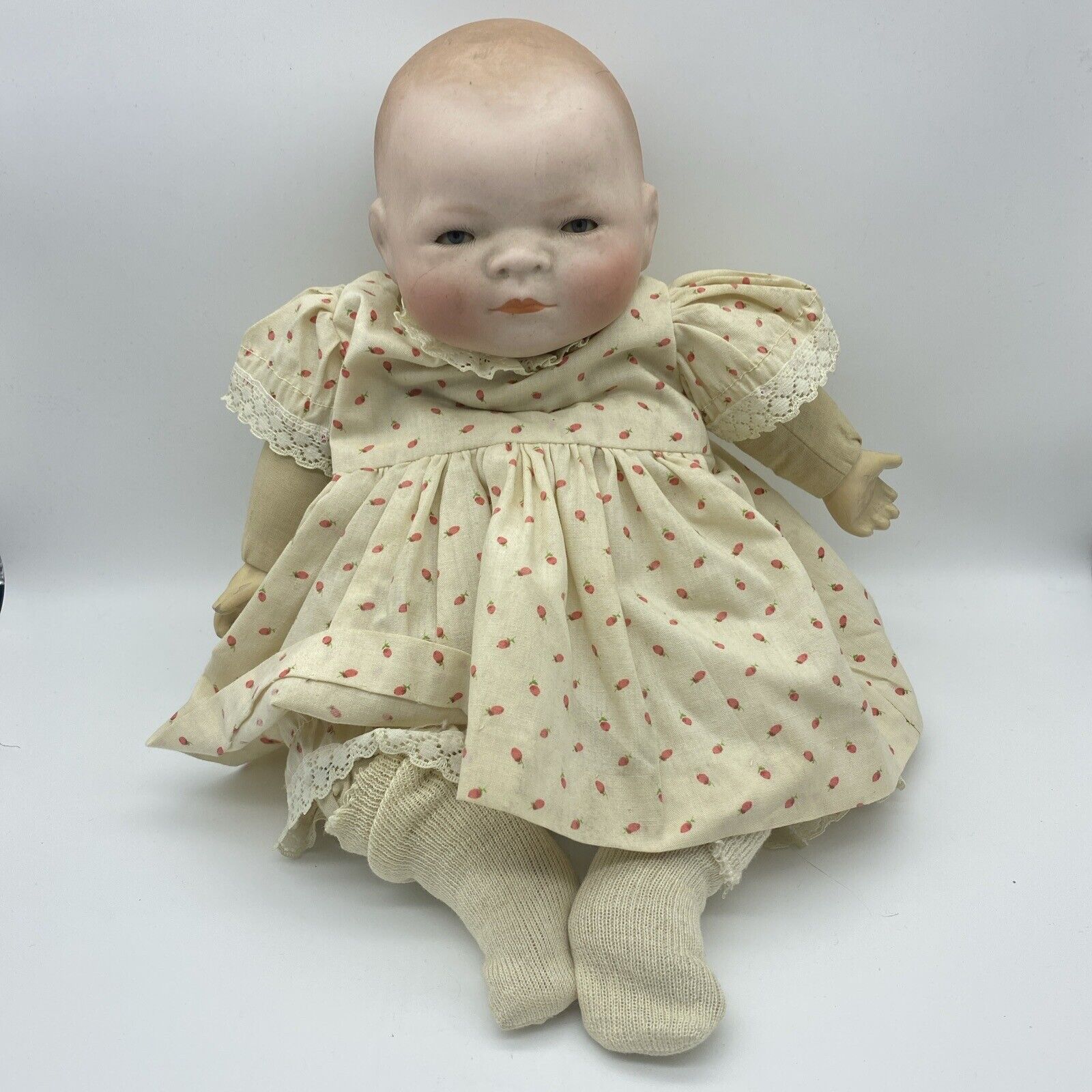 Antique Bisque Head Cloth Body Grace Storey Putnam Baby Doll 14” W/ Strawberry
