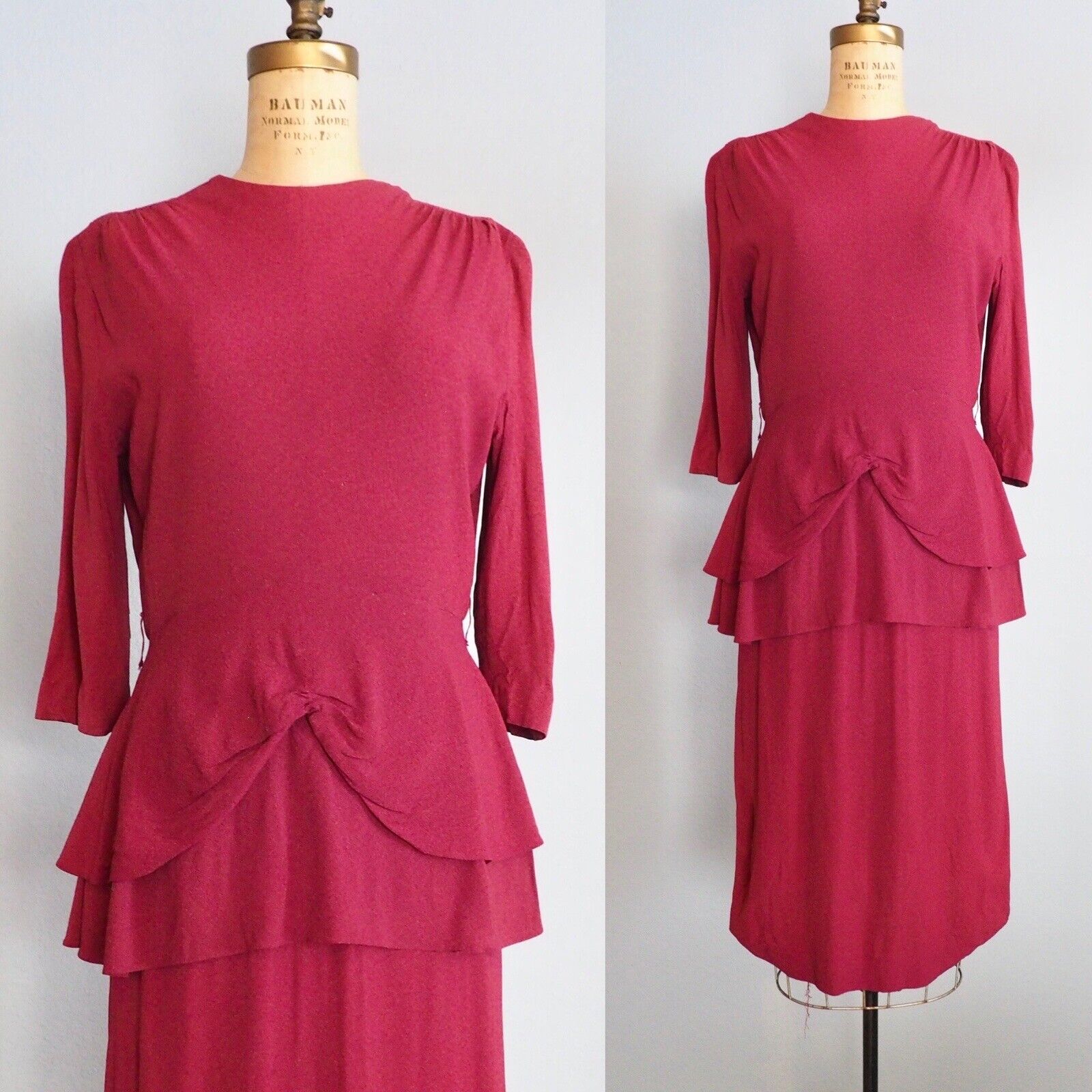 1940’s Raspberry Rayon Double Peplum Dress True Vintage
