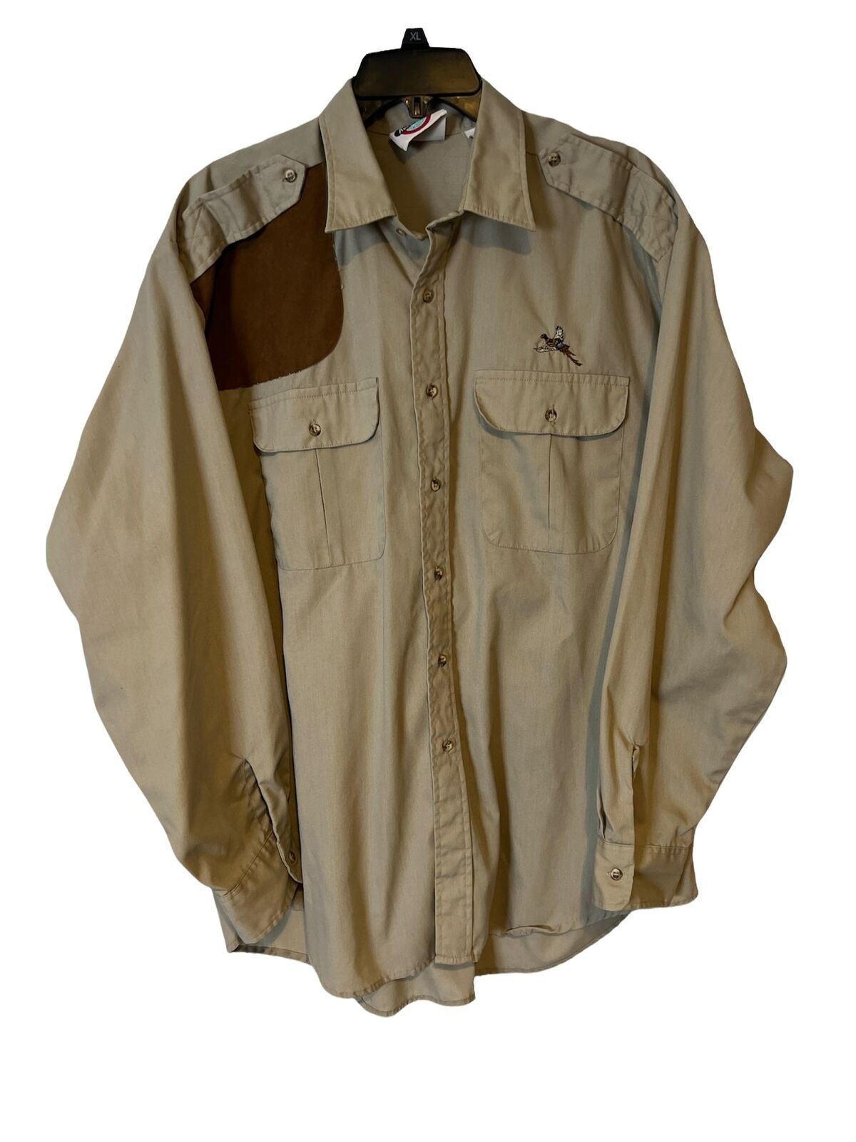 Vintage Avis Sports Hunting Safari Shooting Duck Shirt Khaki Button Up Mens XL