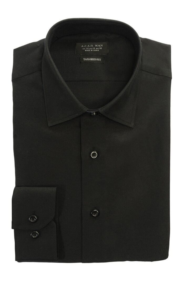 Tailored / Slim Fit Mens Black Dress Shirt Wrinkle-Free Spread Collar AZAR MAN