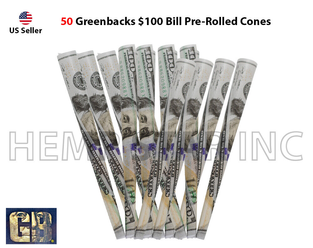 GreenBacks $100 Bill Pre-Rolled Cones king size 100% Organic Non GMO (50 Pcs.) 