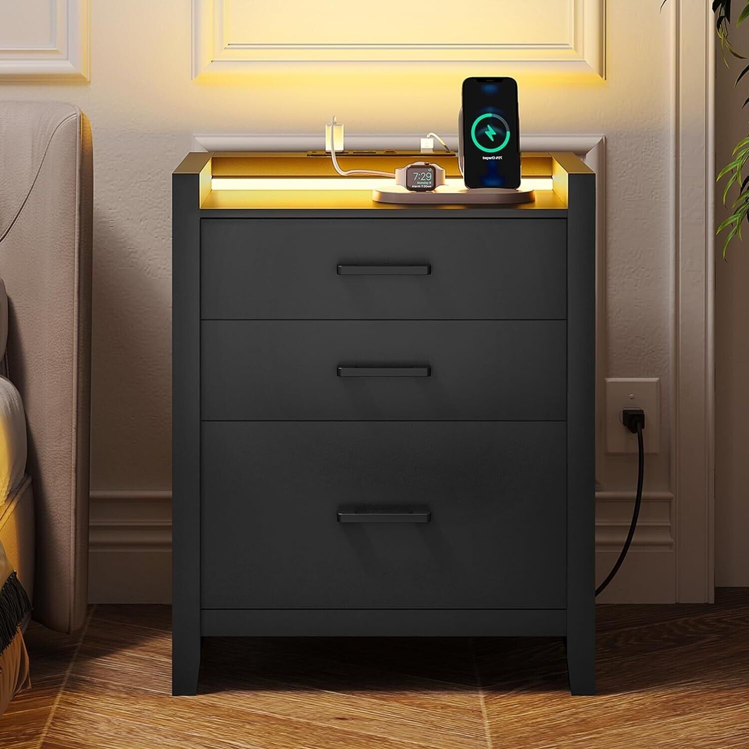 LED Nightstand with Charging Station Modern End Table Side Table for Home Office