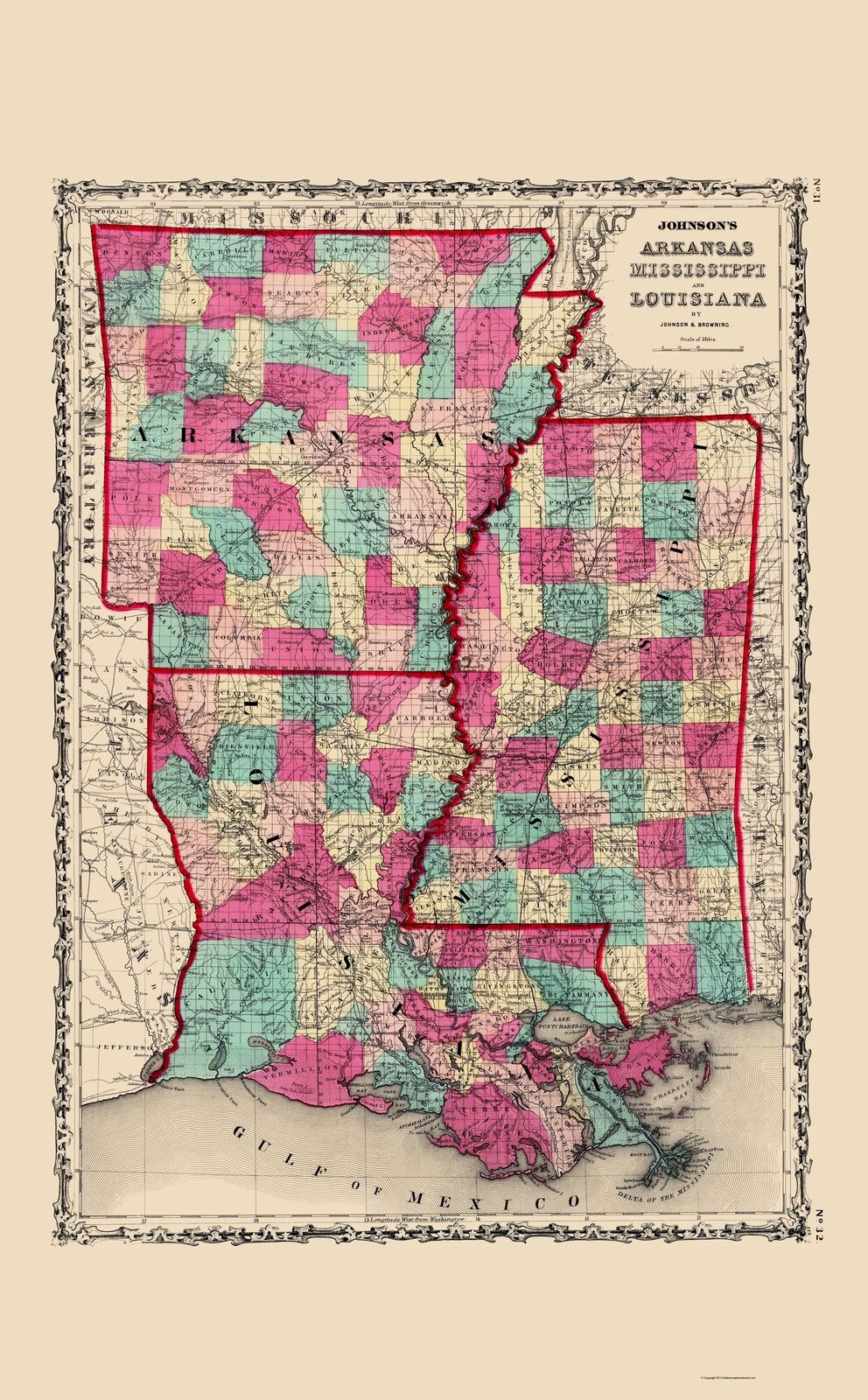 Arkansas Mississippi Louisiana - Johnson 1860 - 23.00 x 37.11