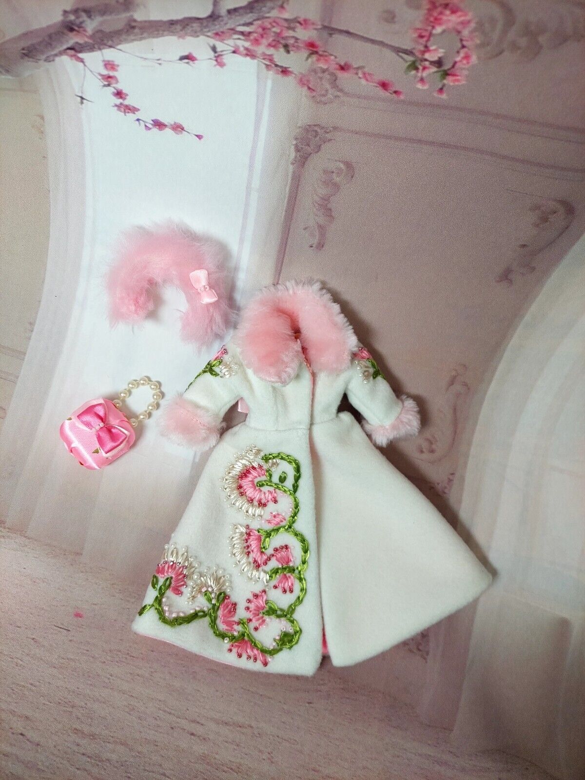  Hand-embroidered coat & bag&hadband for Barbie,Sindy,Tressy doll.Handmade .UK 