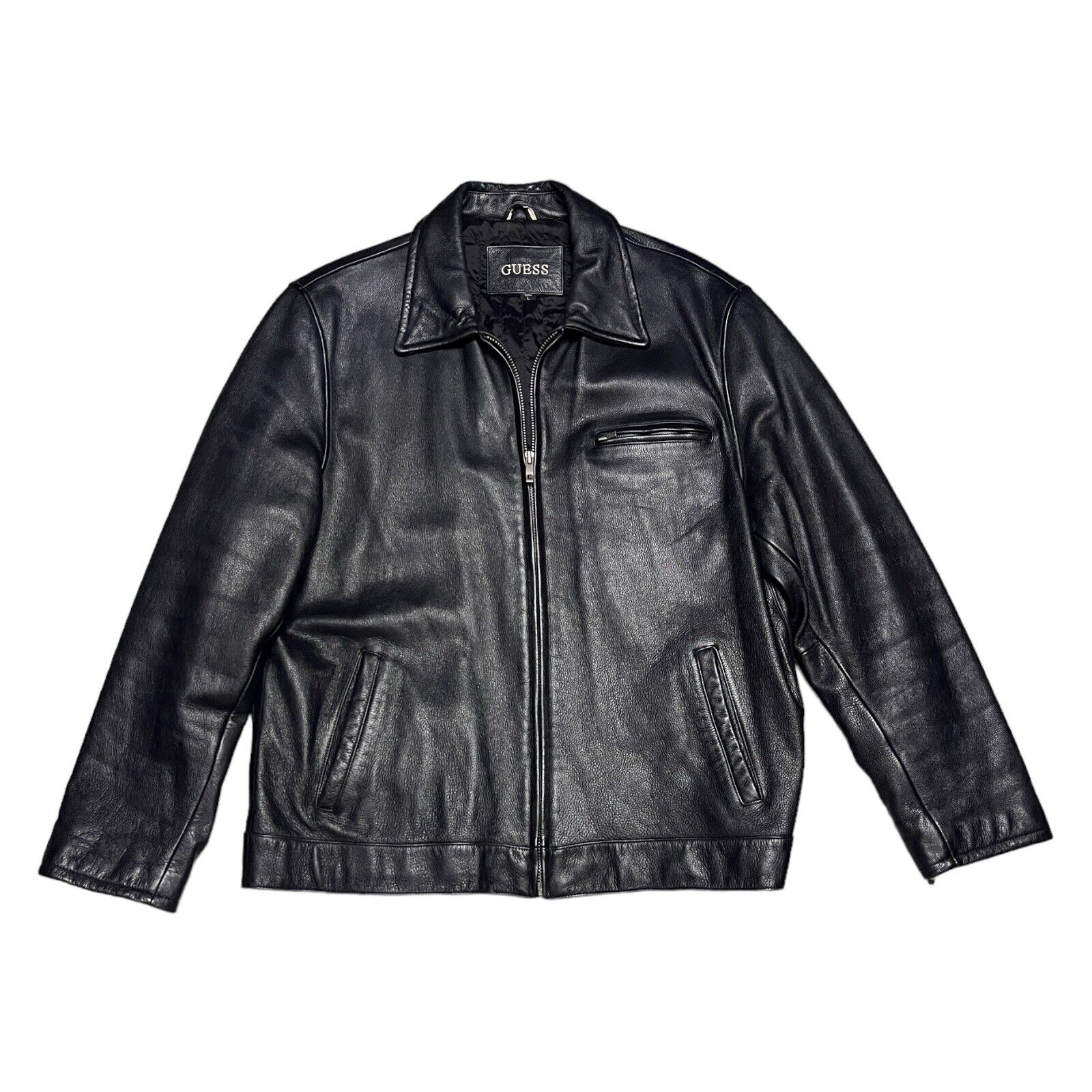 GUESS Genuine LEATHER Vintage Retro Luxury Designer Black Jacket Coat Mens Large
