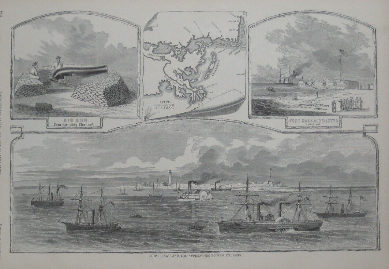 Original Civil War Engraving SHIP ISLAND Biloxi Mississippi Fort Massachusetts