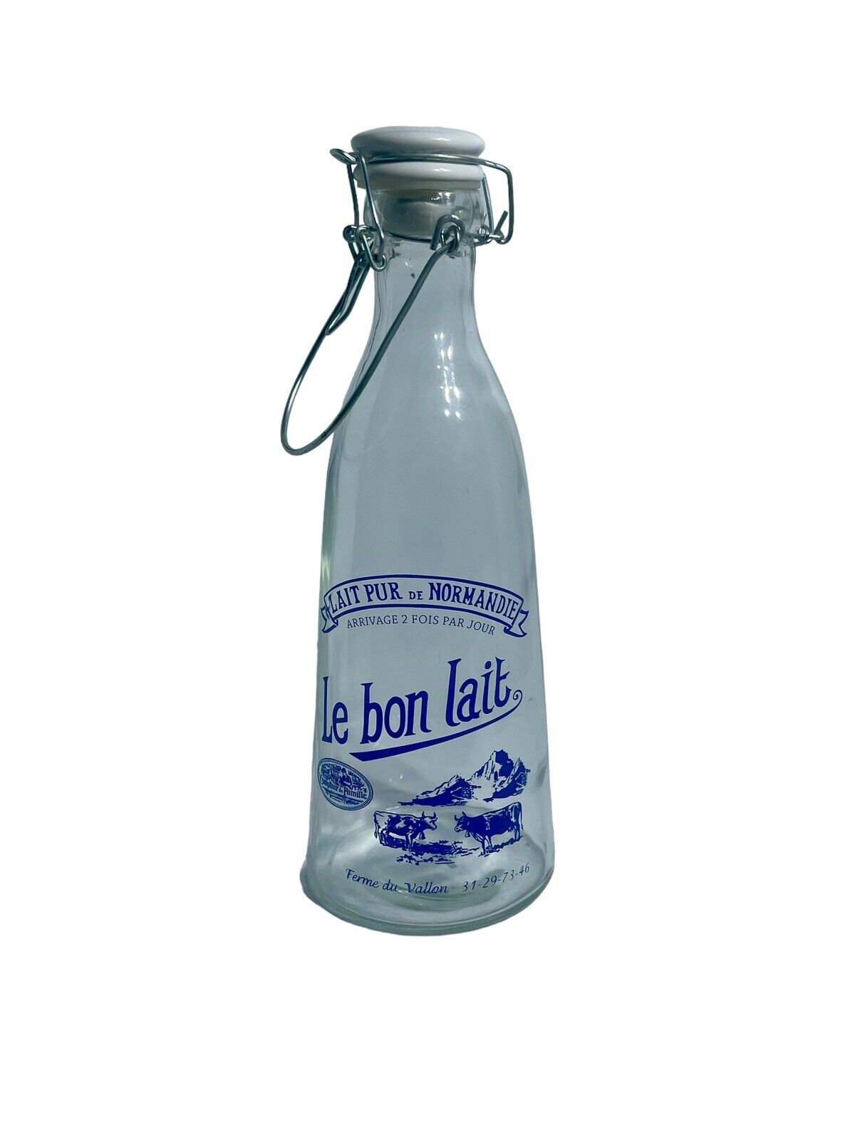 Vintage French Le Bon Lait Pur De Normandie Glass Milk Bottle Clip Ceramic Lid