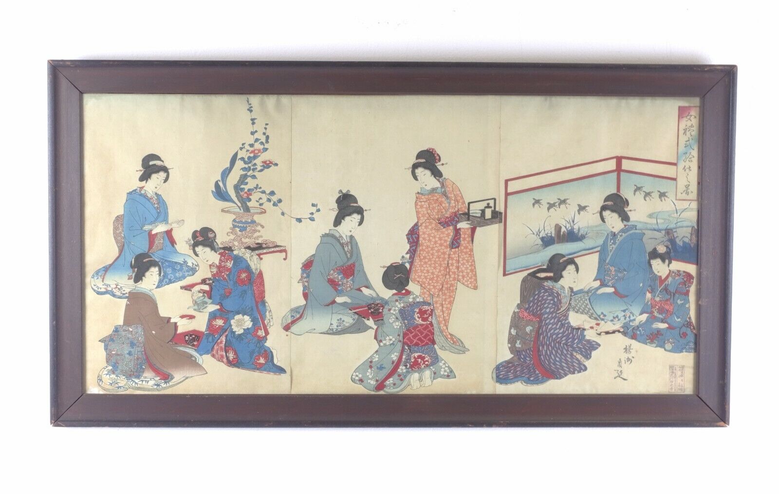 Antique Japanese Woodblock Triptych: Ladies Meeting