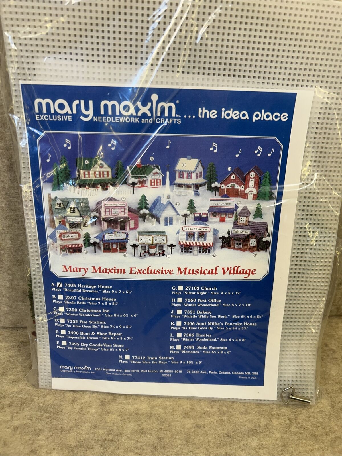 Mary Maxim Plastic Canvas Needlepoint Musical Christmas Village Kit Heritage Hse