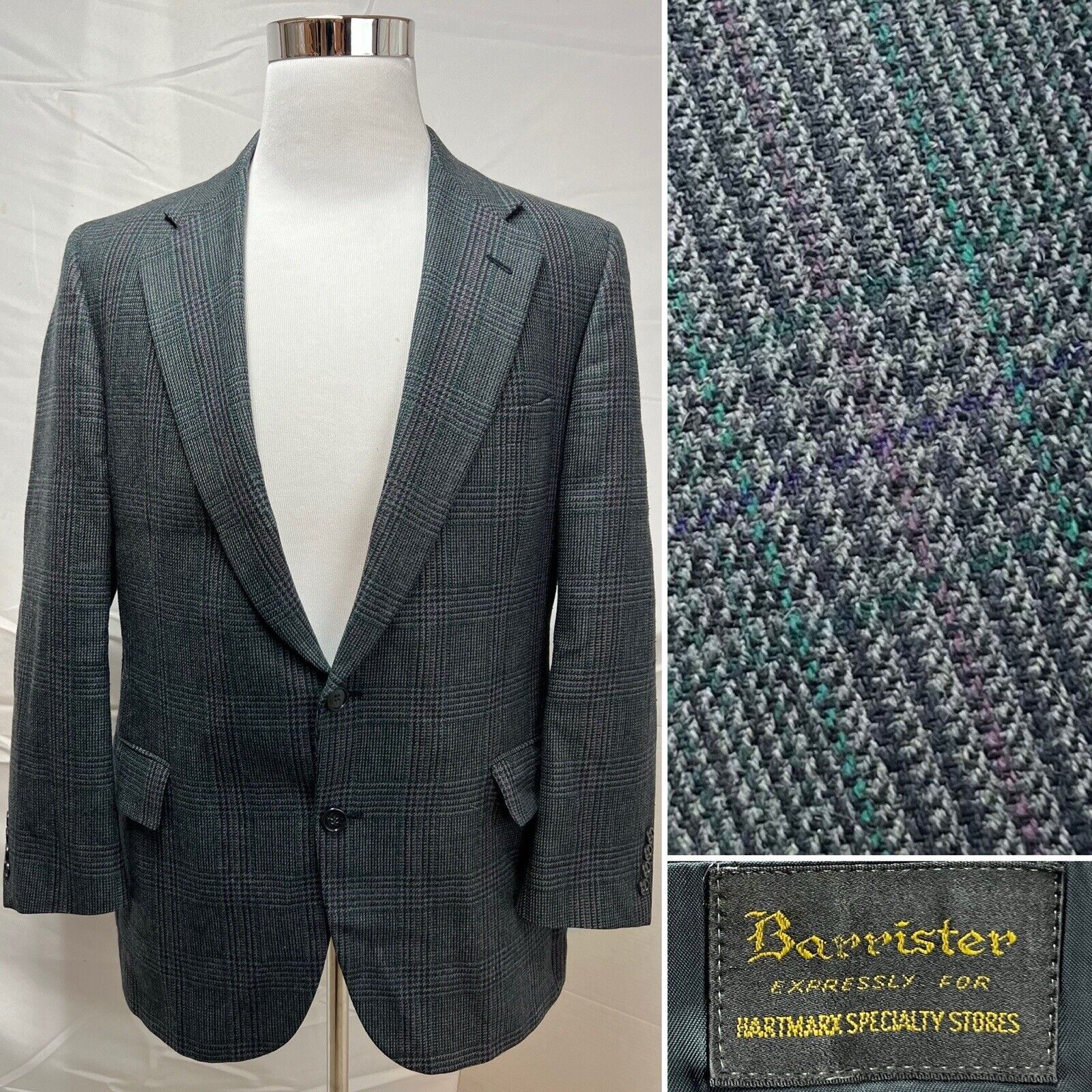 Barrister Gray Tweed Houndstooth Plaid Purple Green 2-Button 40S Vintage Blazer