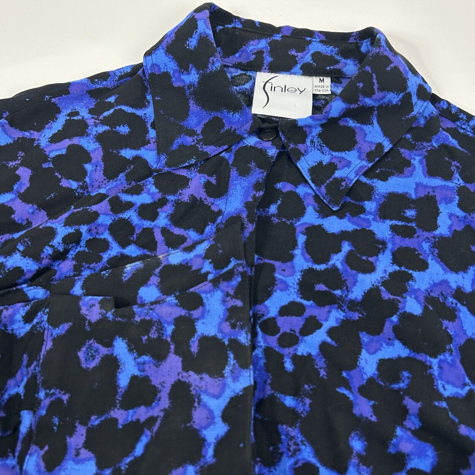 Finley Blouse Size Medium Long Sleeve Blue Leopard Made in USA