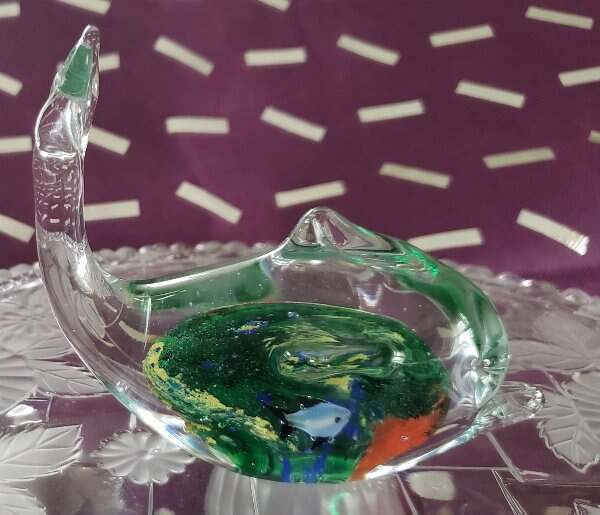 Thriftchi Art Glass Whale Clear With Coral Reef Scene Colors Deep Inside 4.5\