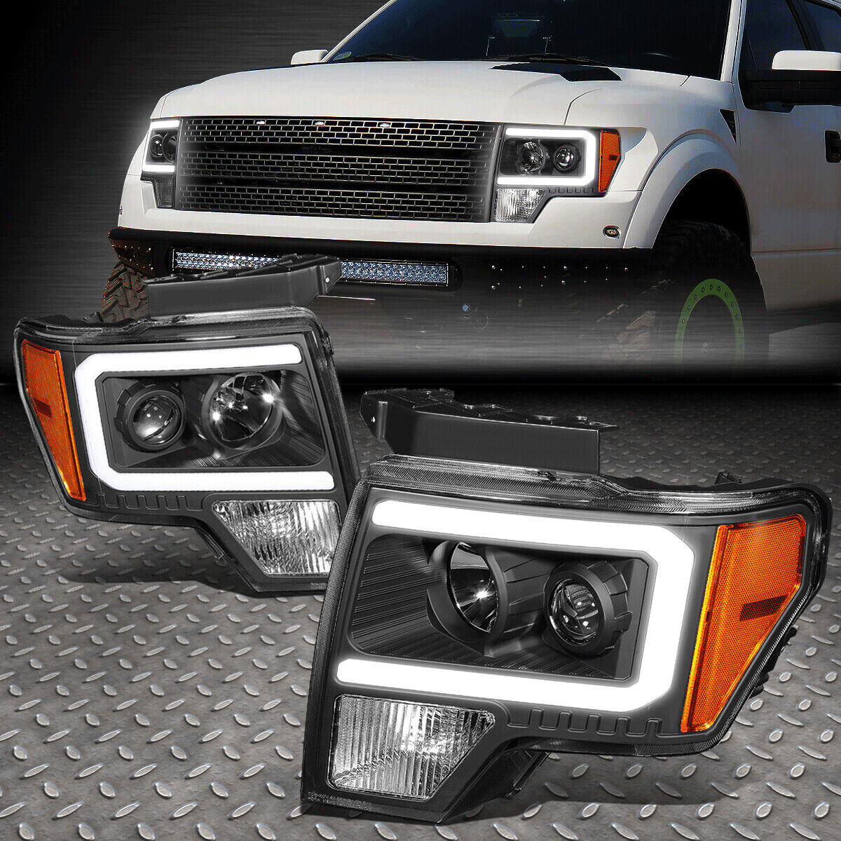 [LED DRL] FOR 09-14 FORD F150 F-150 BLACK AMBER PROJECTOR HEADLIGHT HEAD LAMPS