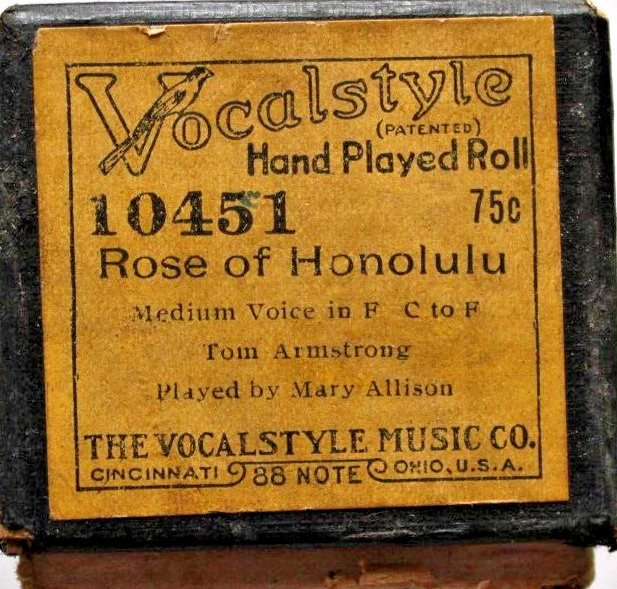 ROSE OF HONOLULU VOCALSTYLE 10451 HAND PLAYED PIANO ROLL  *QUICK SHIP*