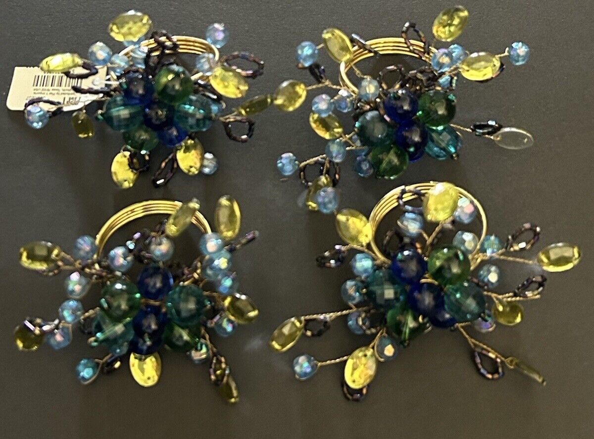Pier 1 One Napkin Rings Jeweled Beaded Blue Floral Cluster Set of 4 NEW