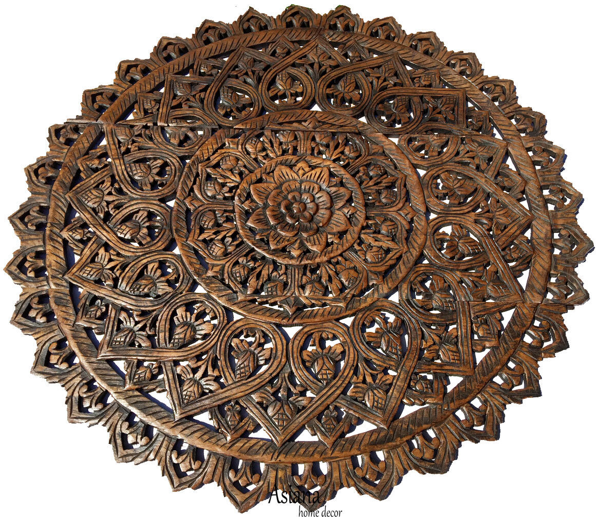 Large Round Carved Wood Floral Wall Plaque. Asian Home Decor Wood Wall Panels.3\'