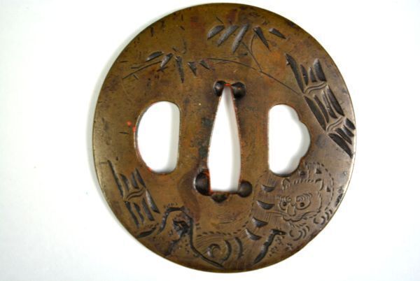 Tsuba Japanese Sword Guard Bamboo & Tiger Engraved Copper Antique from Japan