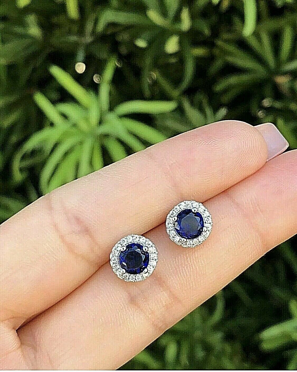4 Ct Round Lab Created Blue & White Sapphire Halo Stud Earrings 14K White Gold