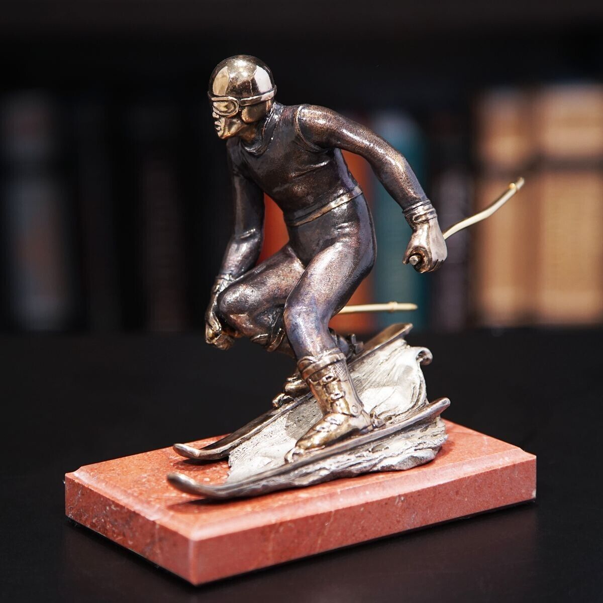 Skier Player Boy Flying Mountain Sport Figurine Bronze Gilding Marble By Vizuri