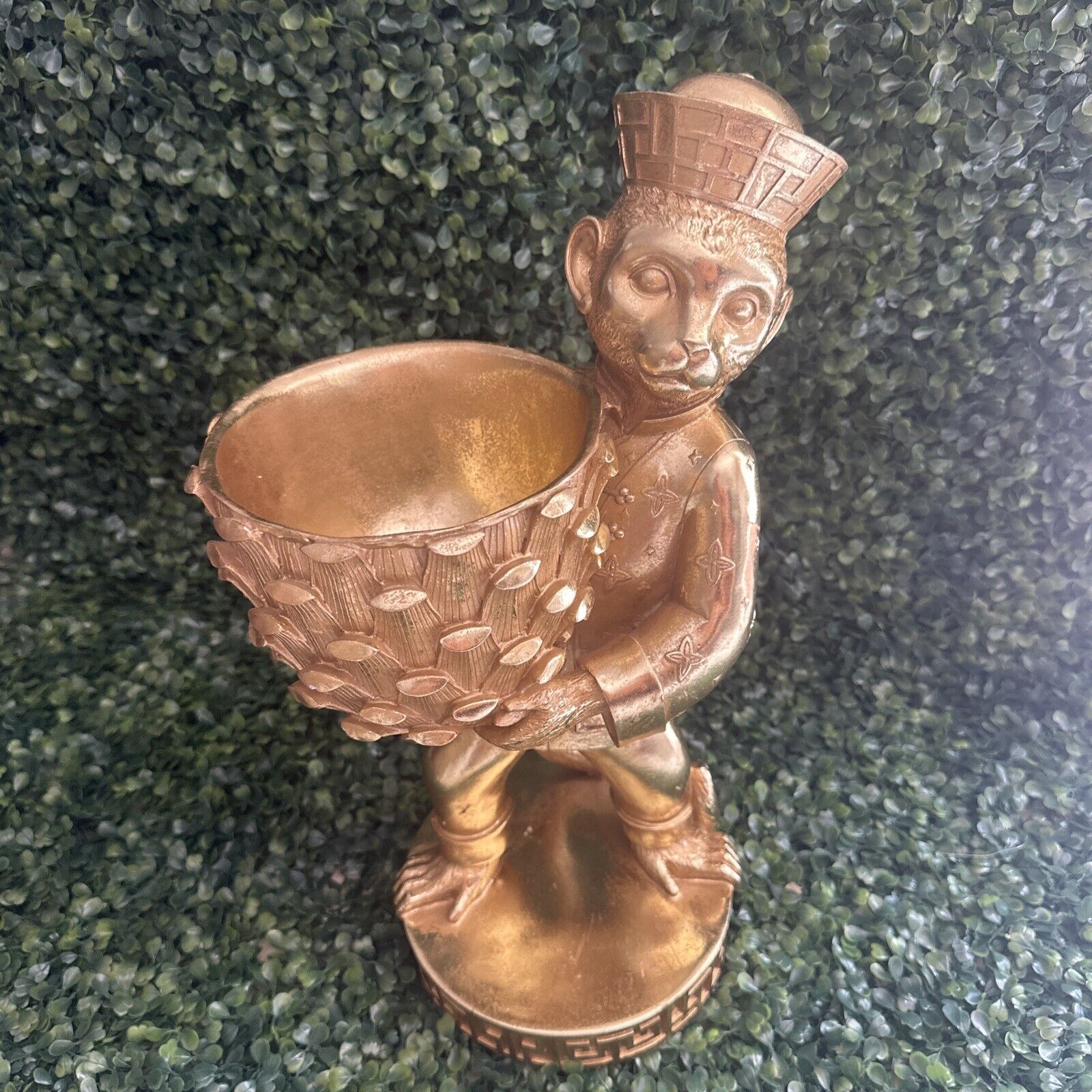 Vintage Shiny  Gold Monkey Sculpture Holding A Bowl 16’’ Tall