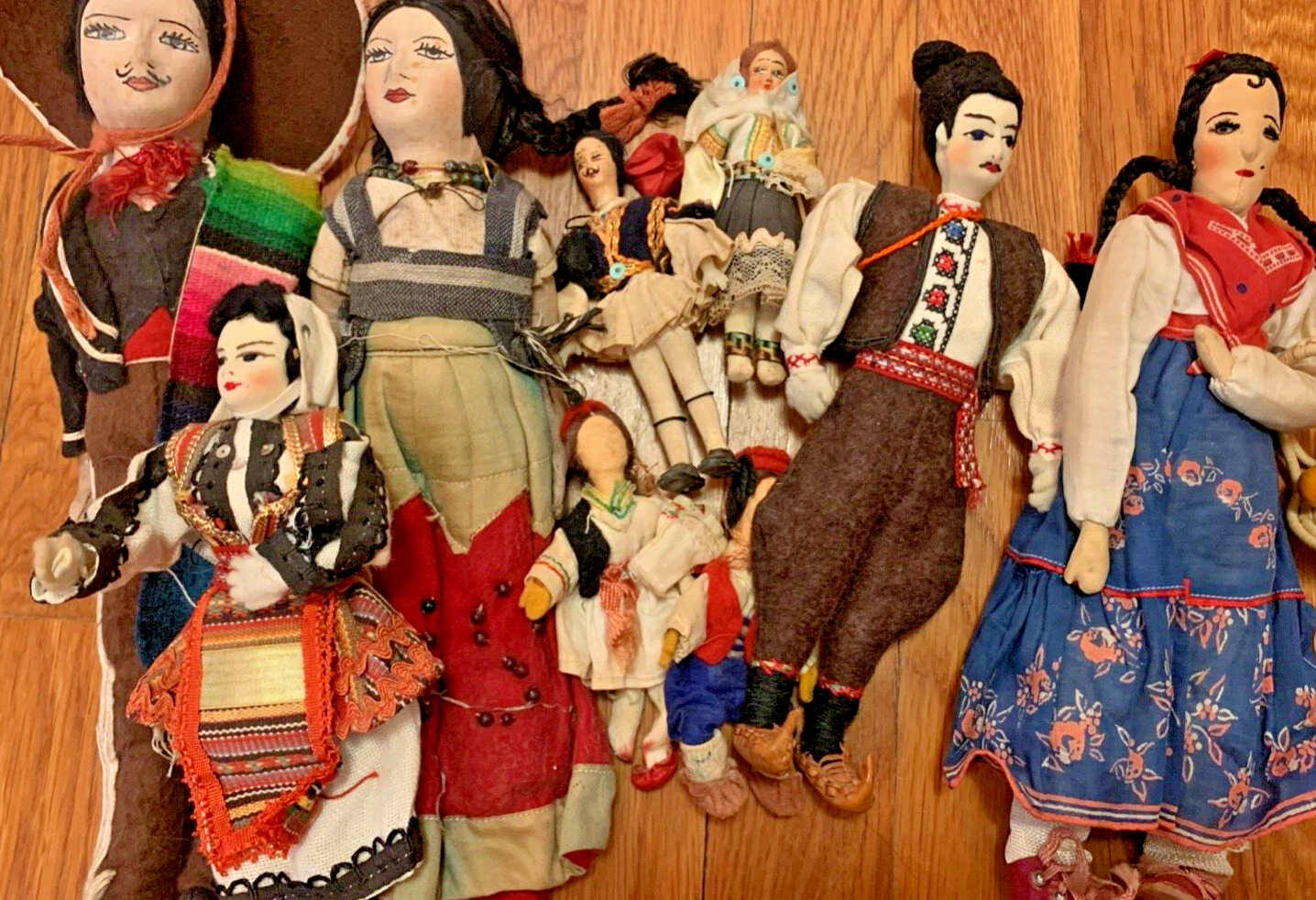 antique DOLL LOT vtg primitive felt folk art rag cloth dress suit Mexico Japan