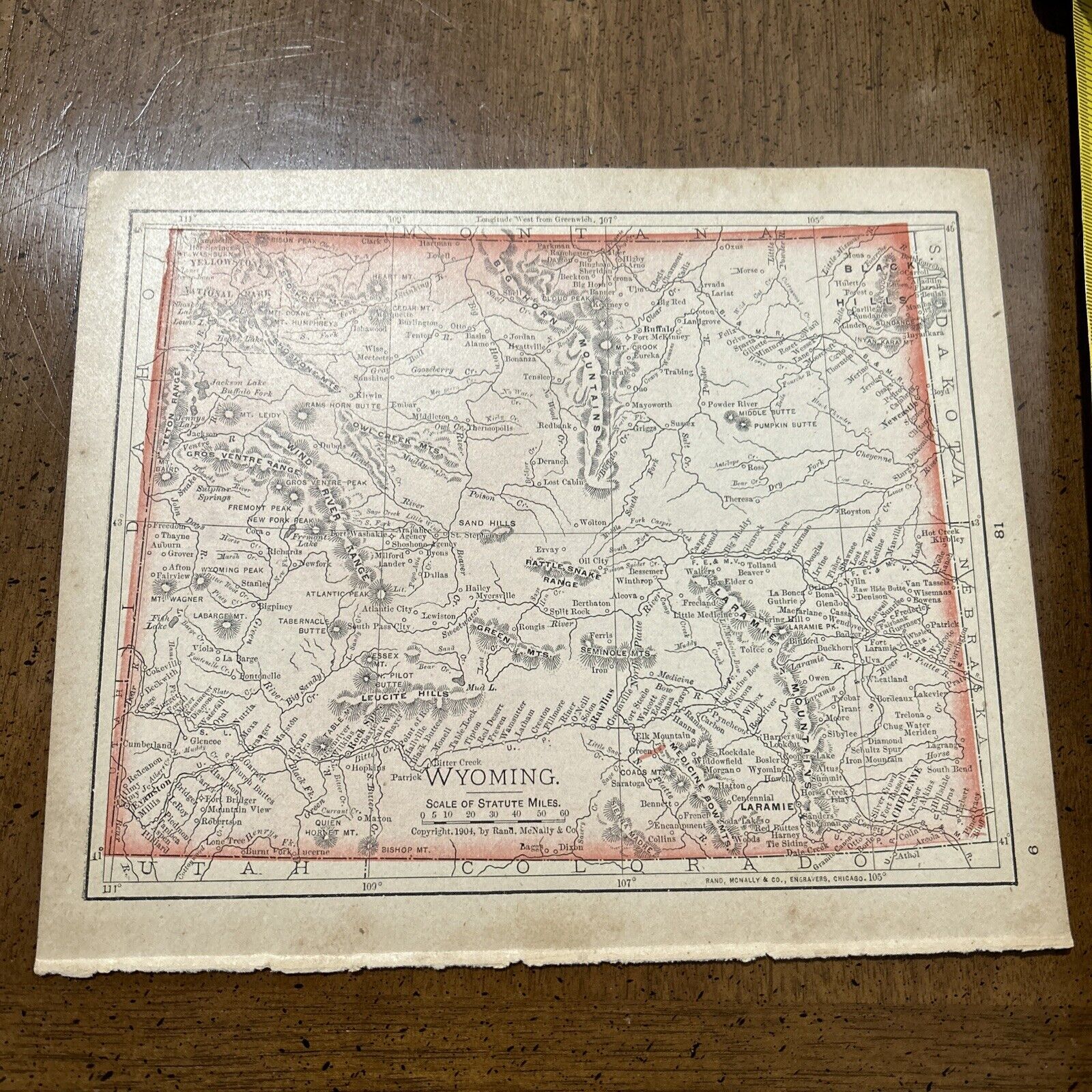 Rand, McNally & Co Antique 1904 Map Of Wyoming 7x6